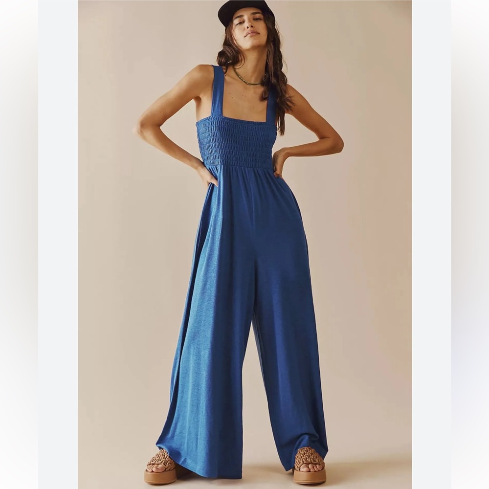 Free People Deep Blue Smocked Wide-Leg Jumpsuit